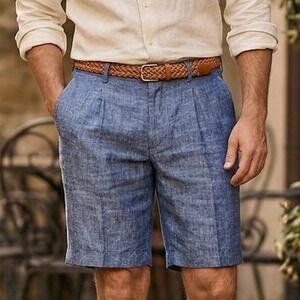 Jos A Bank Mens Linen Shorts Size 42 Blue Pleated Reserve Bermuda Golf Casual